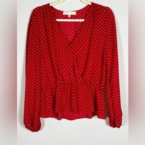 Revolve ASTR Red White Polka Dot Long Sleeve Blouse- Medium